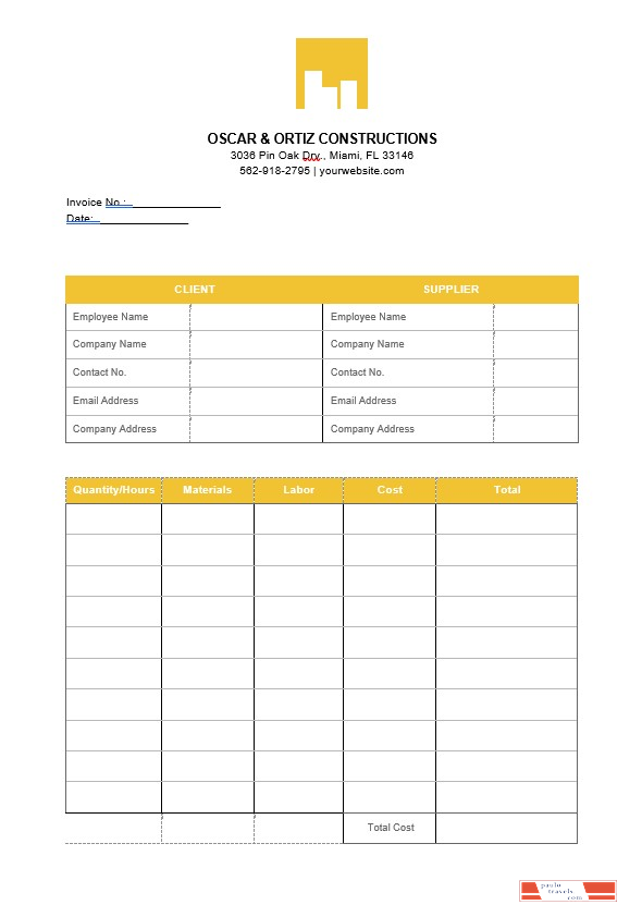 Printable Construction Invoice Template PSD template
